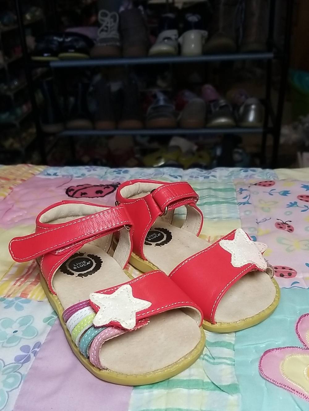 Livie & Luca Red Adjustable Leather Sandals with Rainbow & Glitter Star Size 6